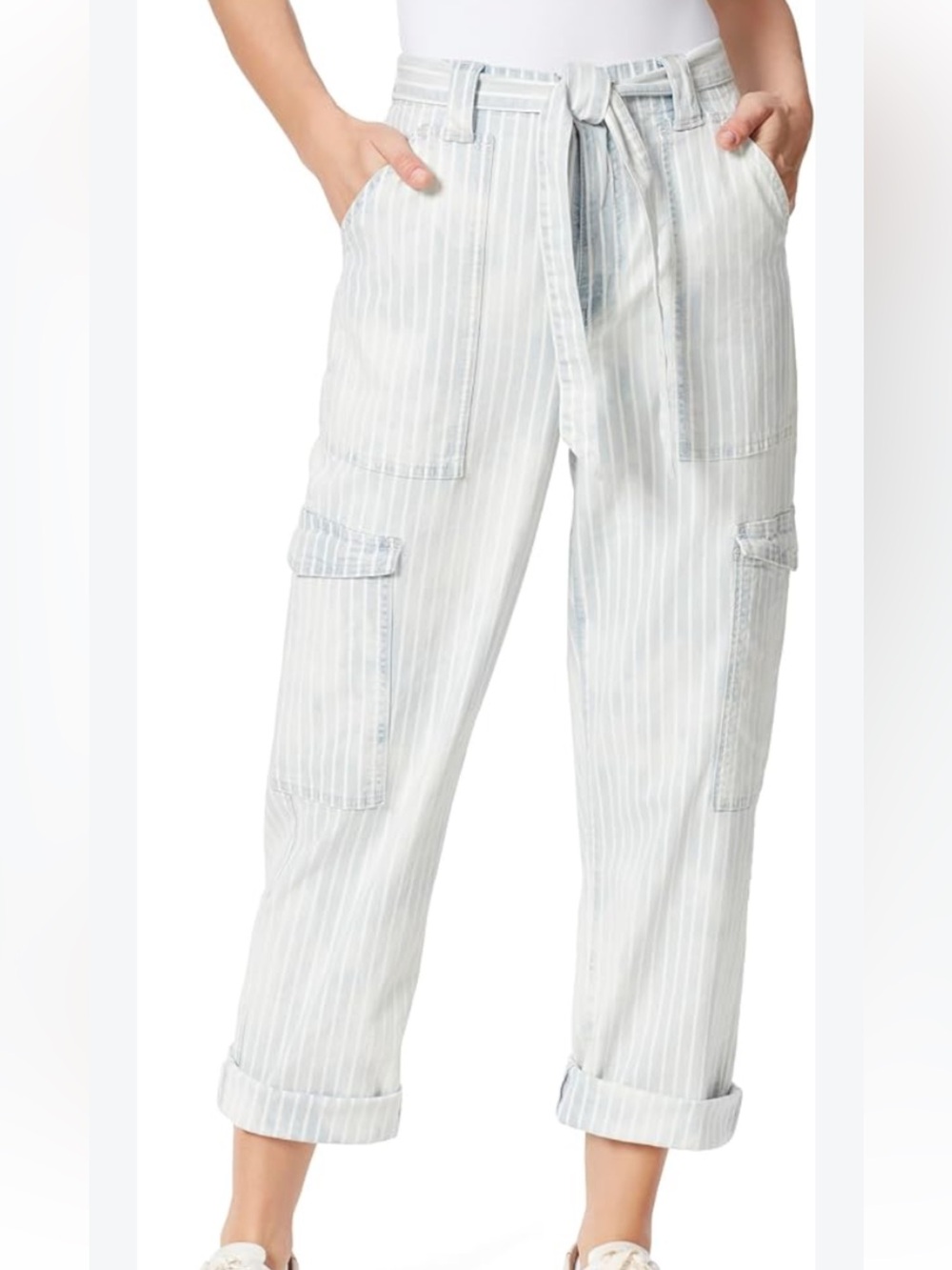 Frayed Women’s Light Blue Pinstripe Straight-Leg Cargo Pants with Tie Waist